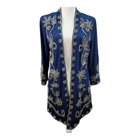 Objects D’Art Jacket Women MEDIUM Navy Blue Soutache Gold Trim Boho Cardigan - Picture 2 of 15